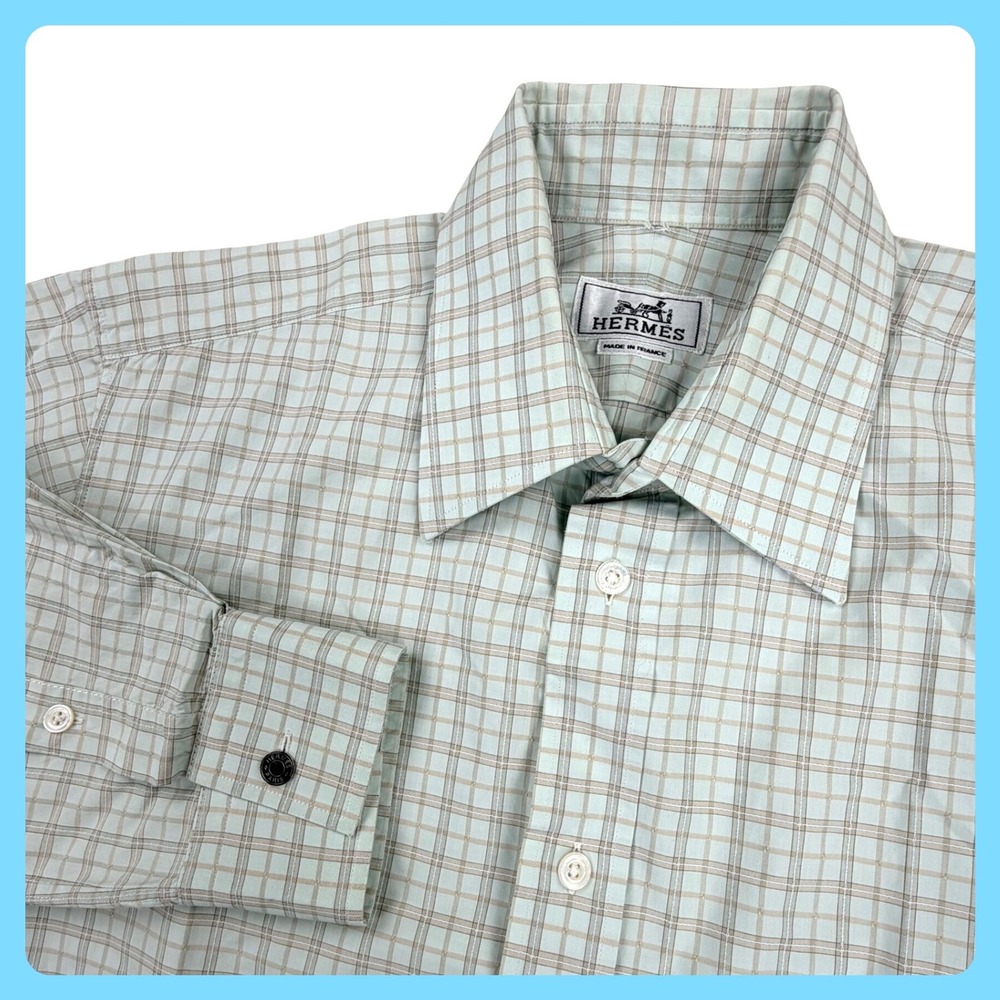 Vintage Hermes Button Down Dress Shirt Men 15.5 Green Cotton Plaid Check France